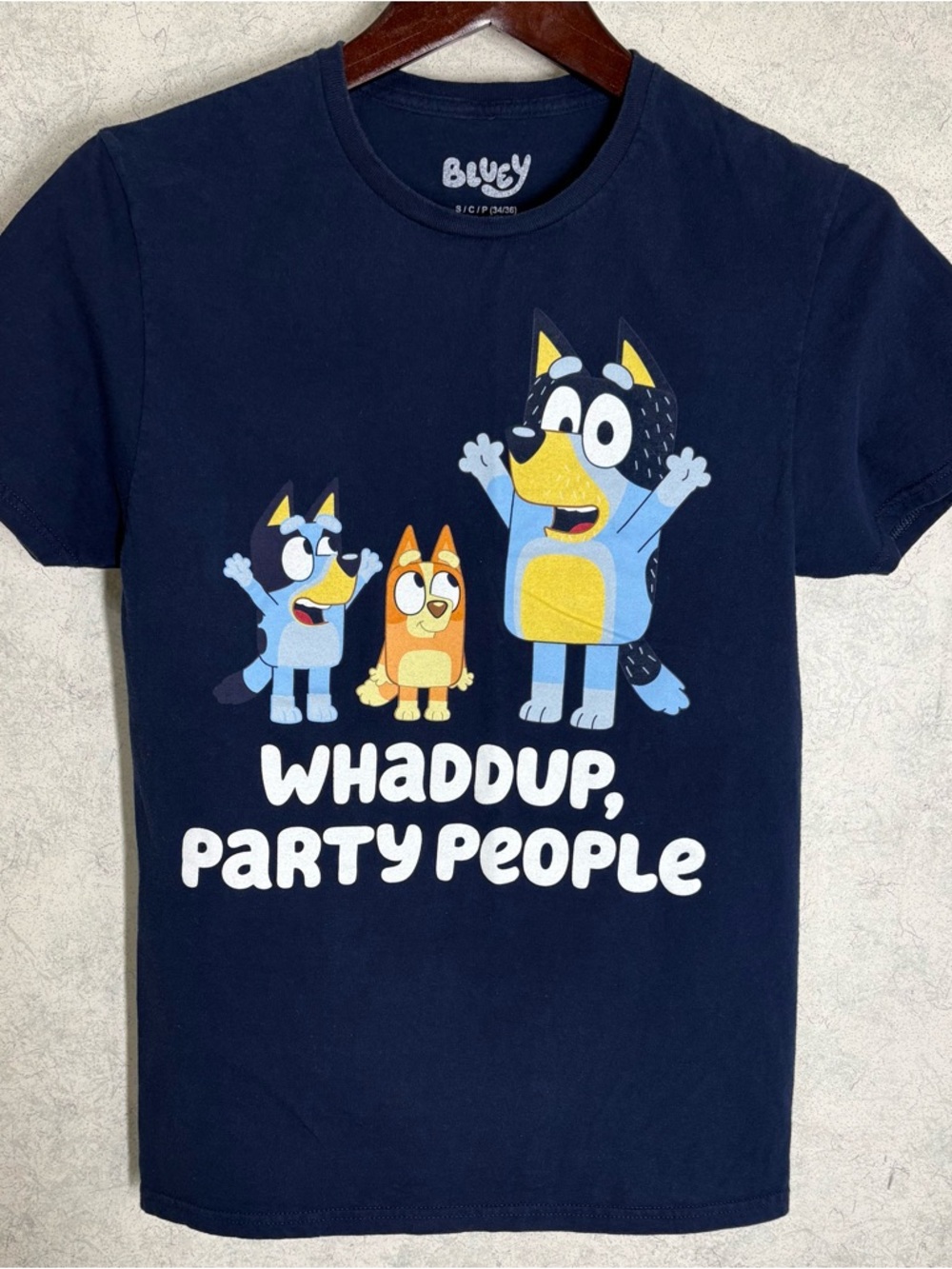 Bluey 'Whaddup, Party People' Navy Short Sleeve Tee Size S/C/P (34-36) NWOT